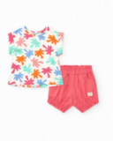 Conjunto blanco y coral para niña con camiseta de hojas