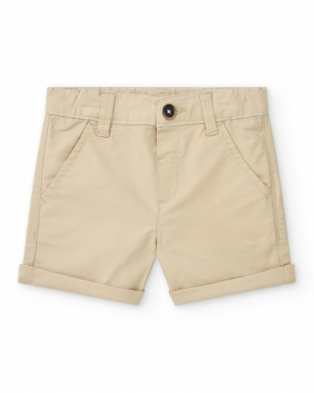 Pantalón corto beige para niño con bolsillos y cierre con botón