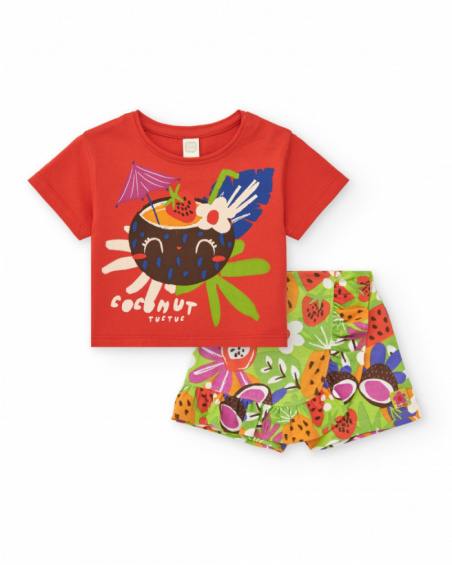 Camiseta roja para niña con estampado tropical de coco y frutas