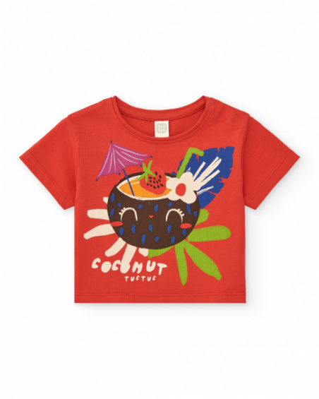 Camiseta roja para niña con estampado tropical de coco y frutas
