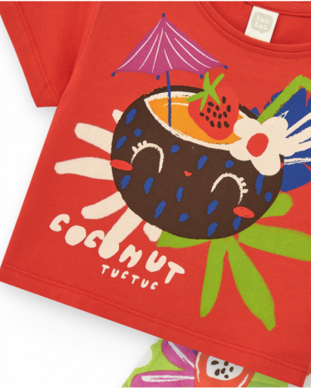 Camiseta roja para niña con estampado tropical de coco y frutas