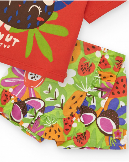Camiseta roja para niña con estampado tropical de coco y frutas
