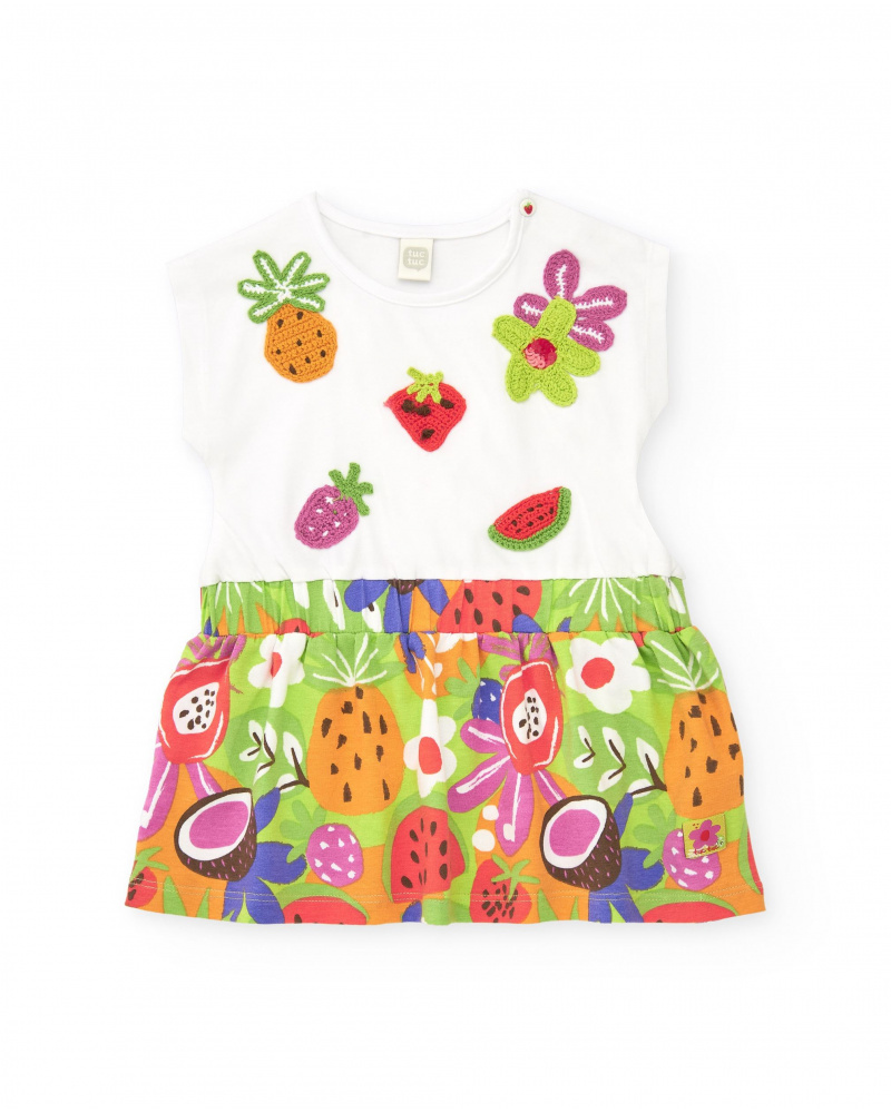 Vestido para niña con top blanco bordado y falda de frutas