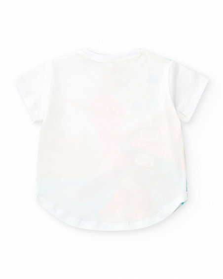 Camiseta blanca para niña con pájaro multicolor y detalles en