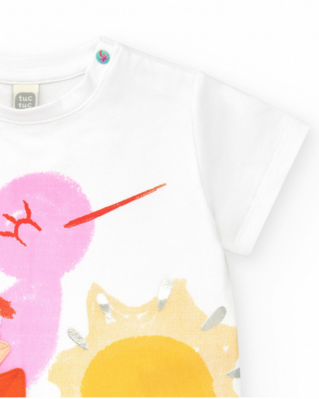 Camiseta blanca para niña con pájaro multicolor y detalles en