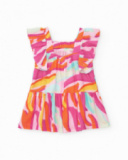 Vestido rosa de popelín para niña con estampado multicolor y