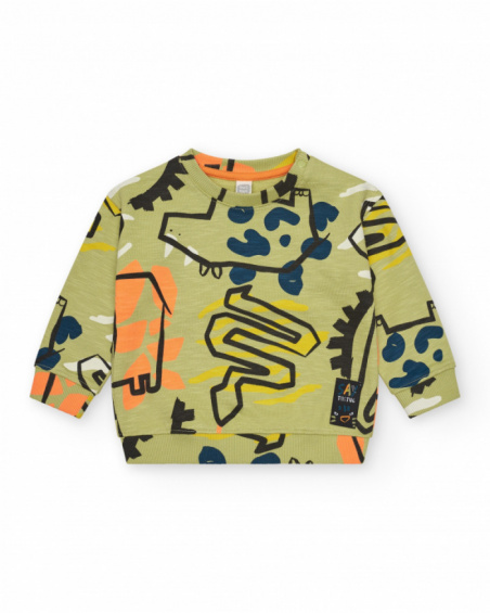 Sudadera caqui para niño con estampado de animales y detalles