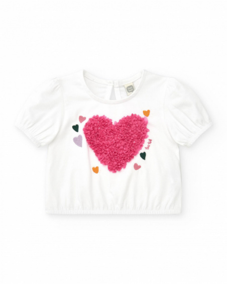 Camiseta para niña en blanco con mangas abullonadas y fruncido