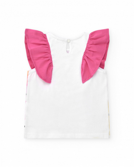 Camiseta para niña en blanco con volantes fucsia en los hombros