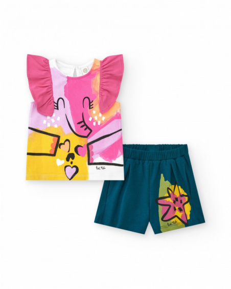 Conjunto para niña con camiseta de elefante y short azul