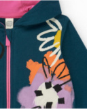 Chaqueta de felpa para niña en azul con cremallera rosa y