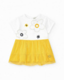Vestido para niña en blanco y amarillo con flores y falda de tul