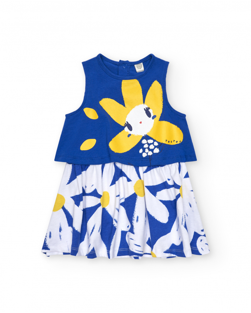 Vestido sin mangas para niña en azul con flor y falda de