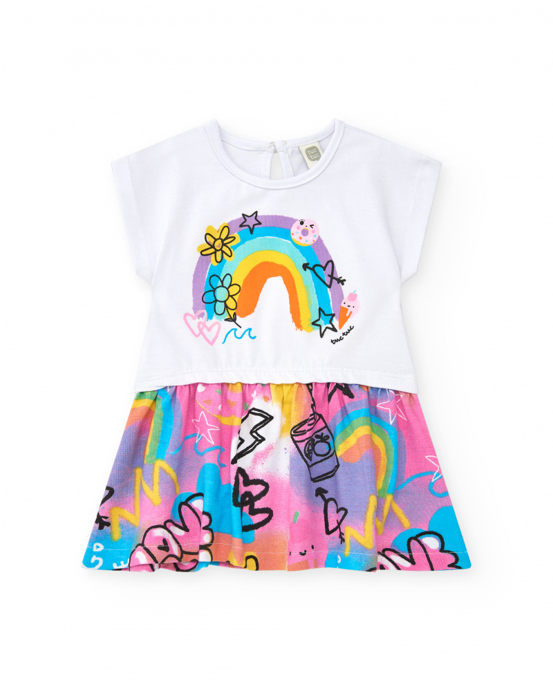 Vestido para niña en rosa con arcoíris y falda fluida