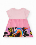 Vestido para niña en rosa con estrellas y flores multicolor