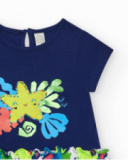 Vestido para niña en azul con estrella amarilla y falda floral