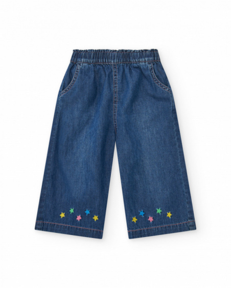 Pantalón para niña en denim azul con estrellas bordadas
