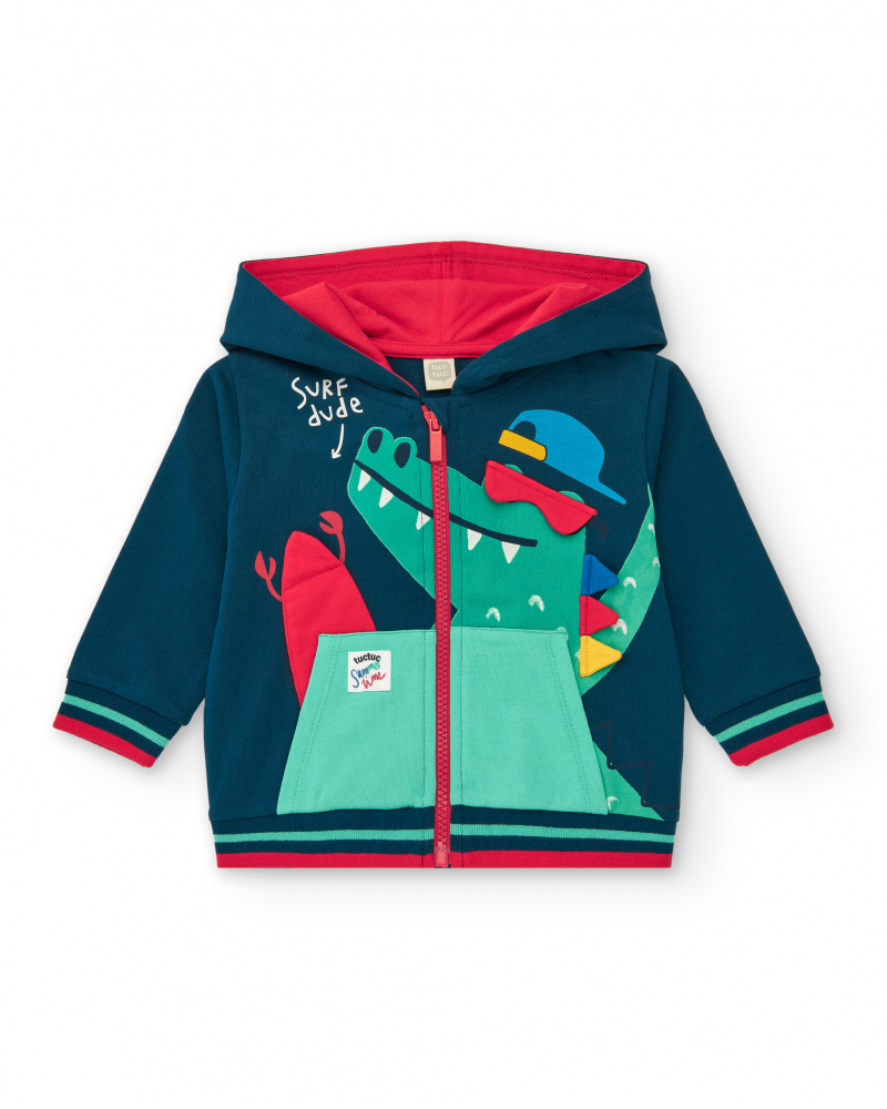 Casaco de moletom azul-marinho para menino com capuz vermelho e