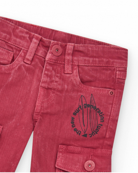 Calça de tecido plano vermelha para menino com efeito