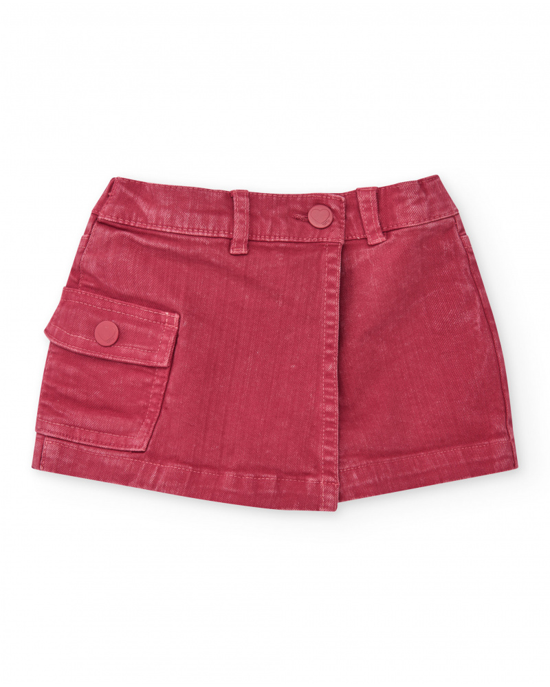 Shorts-saia vermelho para menina com cintura ajustável e bolso