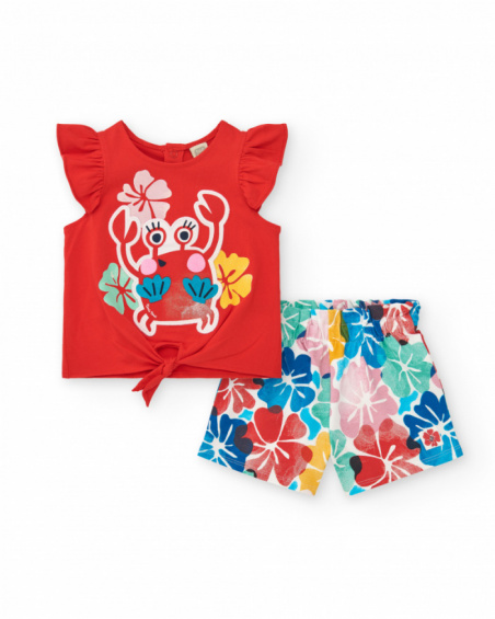 Conjunto para menina com camiseta vermelha de caranguejo e