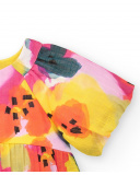 Vestido de tecido plano lilás para menina com flores amarelas e rosas e mangas bufantes | tuc tuc