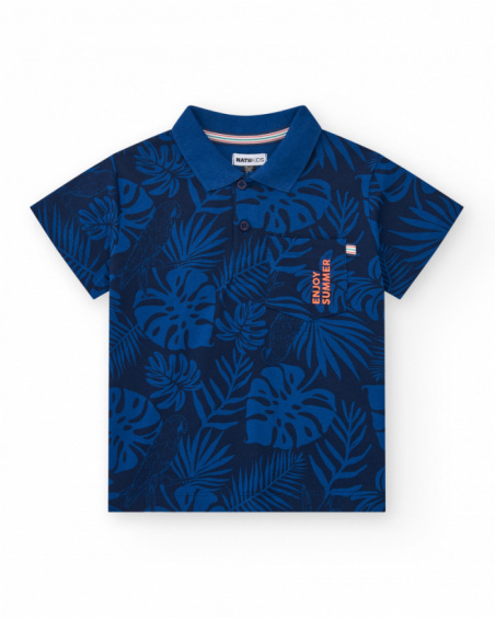 Polo para menino em azul com estampa tropical e bordado