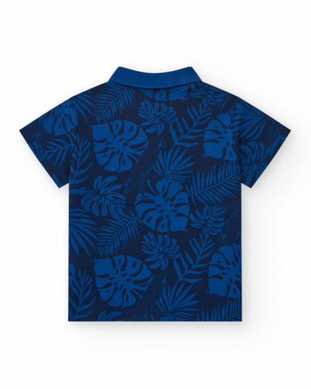Polo para menino em azul com estampa tropical e bordado