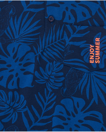 Polo para menino em azul com estampa tropical e bordado
