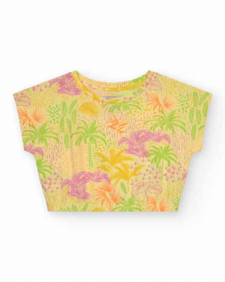 Camiseta para menina na cor amarela com estampa tropical.
