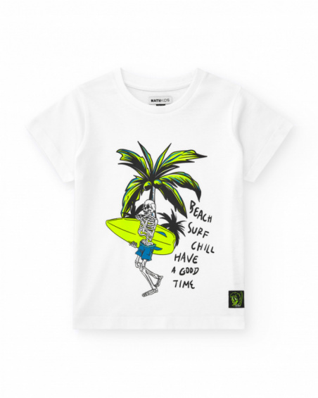 Camiseta para menino na cor branca com estampa de esqueleto.