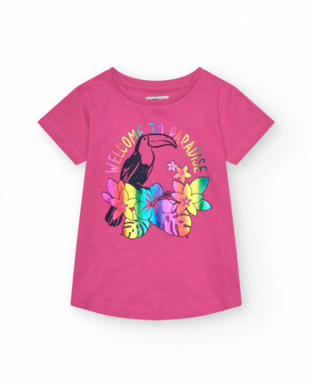 Camiseta de manga curta para menina na cor rosa com estampa