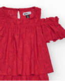 Vestido para menina em vermelho com babados e ombros descobertos
