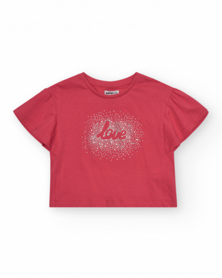 Camiseta de manga curta para menina em vermelho com estampa
