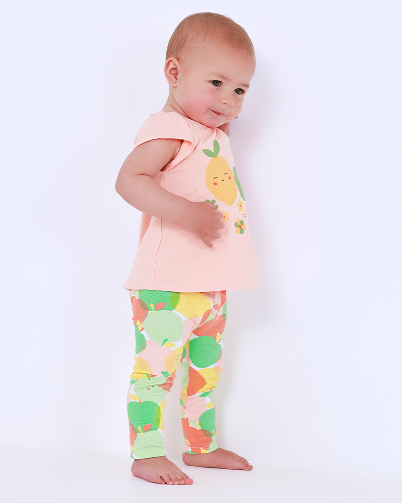 Conjunto de moletom para menina com camiseta de frutas, leggings estampados e jaqueta amarela