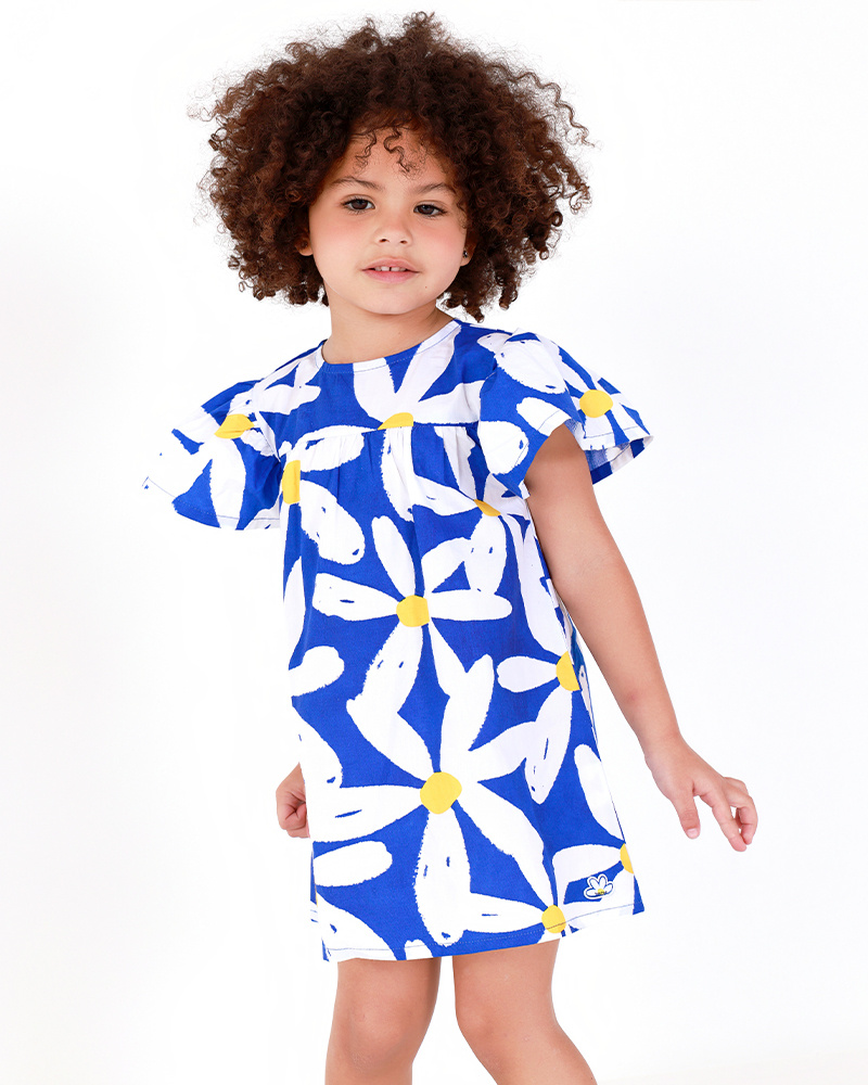 Vestido de tecido plano azul para menina com babados e estampa floral