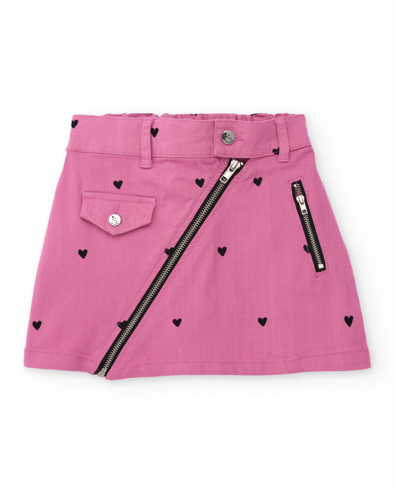 Saia mini menina em rosa com corações e zíper diagonal