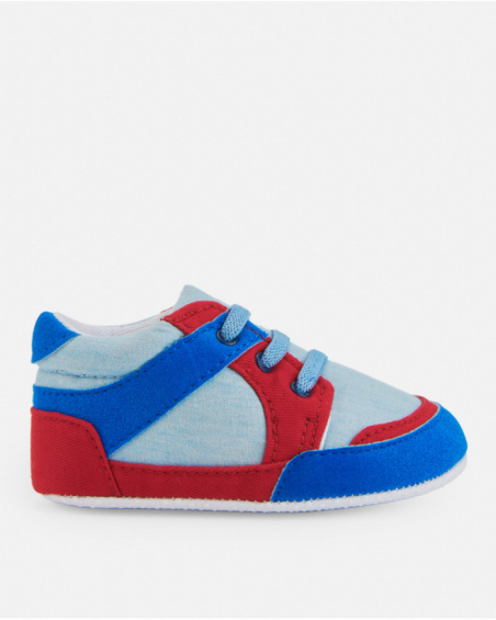 Tênis esportivo para bebê menino em azul e vermelho com
