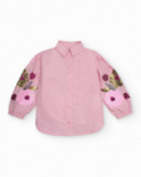 Camisa rosa para menina com bordado floral nas mangas