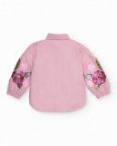 Camisa rosa para menina com bordado floral nas mangas