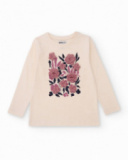Camiseta de manga longa para menina cor cru com apliques florais