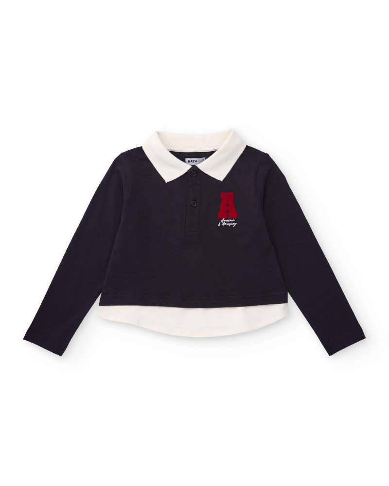 Camiseta polo de manga comprida para menina em azul-marinho com