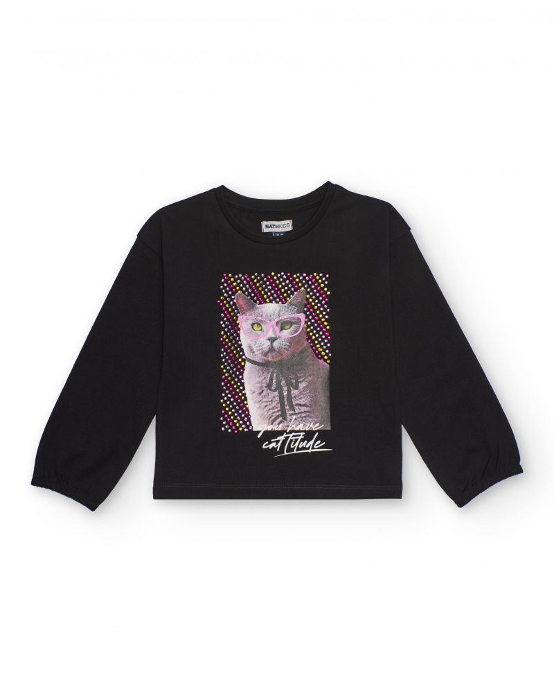 Camiseta preta de manga comprida para menina com estampa de gato