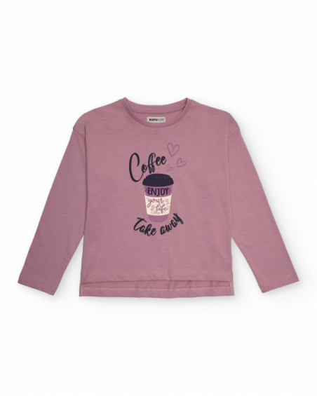 Camiseta de manga comprida rosa com estampa de copo de café
