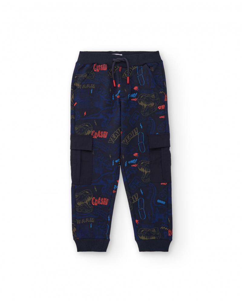Calça jogger azul marinho com estampa de dinossauros e bolsos