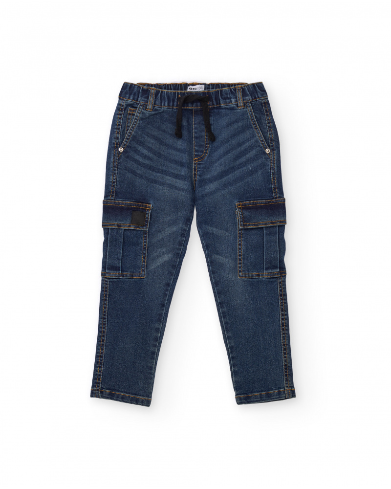 Calça jogger tipo cargo para menino em denim escuro