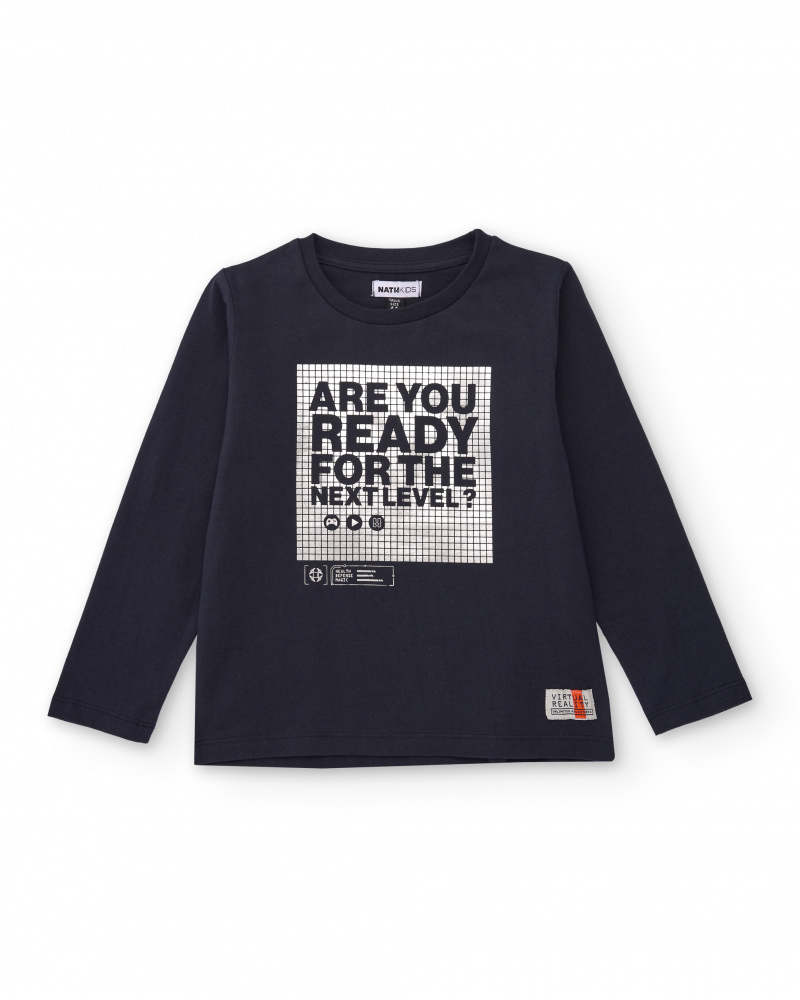 Camiseta de manga comprida azul-marinho com estampa gamer para