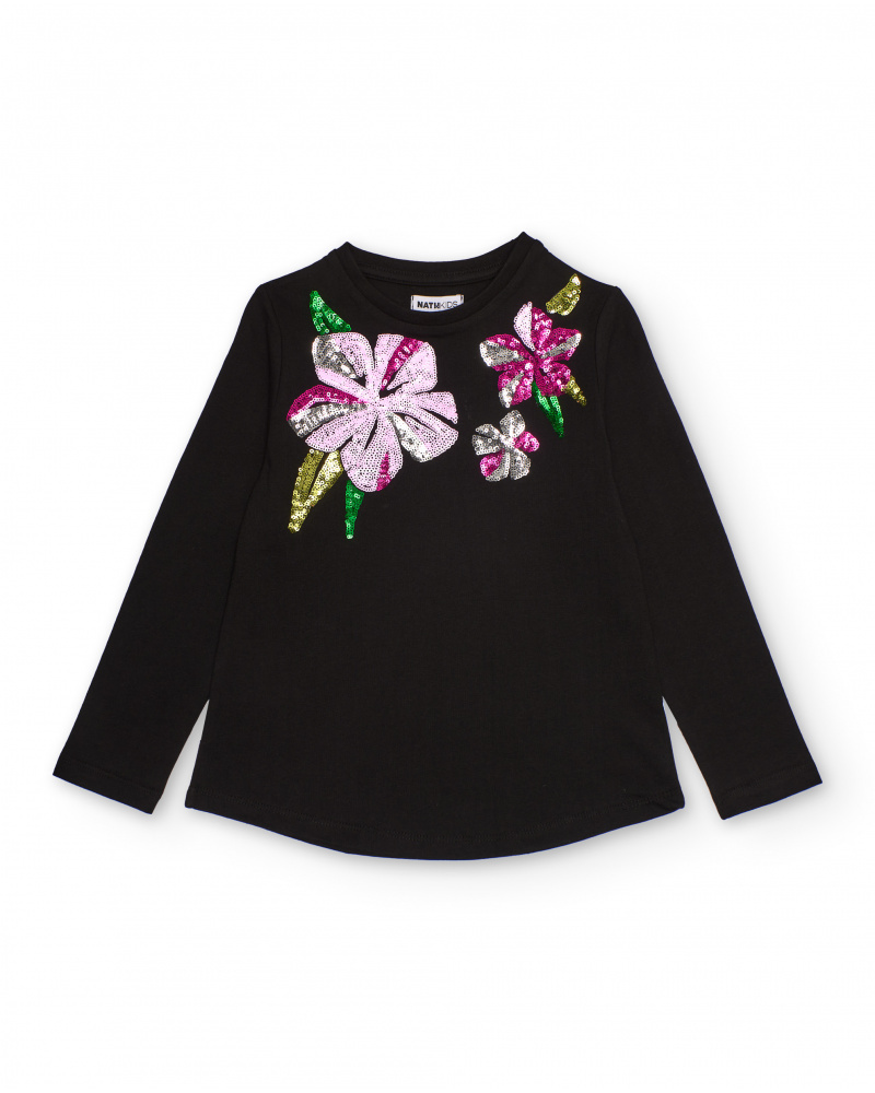 Camiseta preta de manga comprida com flores de lantejoulas para