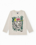Camiseta de manga comprida cru com estampa de leão urbano para