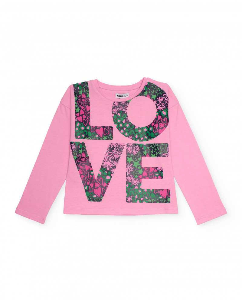 Camiseta rosa de manga comprida com estampa "LOVE" para menina